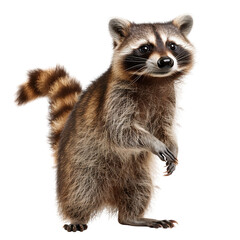 Fototapeta premium Closeup of a curious raccoon standing upright with its striped tail and fluffy fur, isolated on a white background.