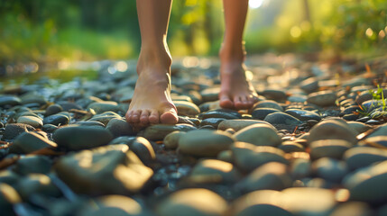 A woman walks barefoot on the stone coast, her bare feet feeling the cool, textured surface as she runs an errand along the shoreline.