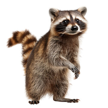 Closeup of a curious raccoon standing upright with its striped tail and fluffy fur, isolated on a white background.