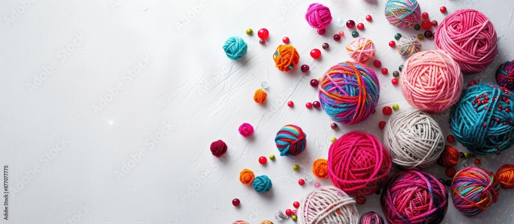 Poster colorful yarn ball and beads on white backdrop, with a space for adding text or images, called copy 