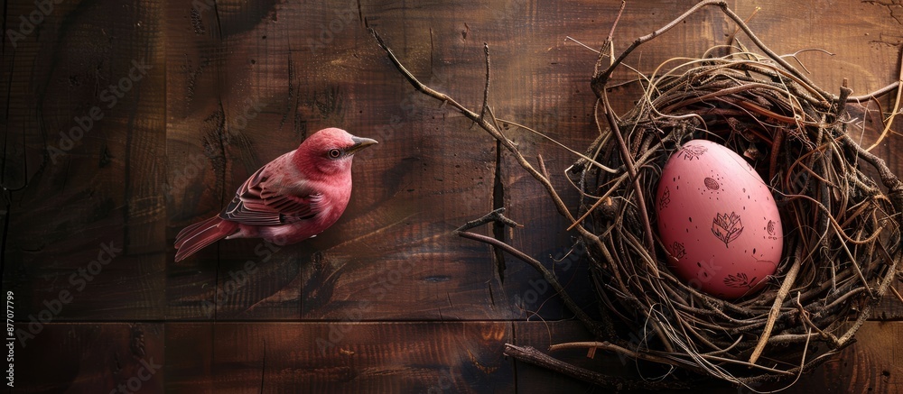 Poster a pink bird sitting on an easter egg in a nest against a dark wooden background with ample copy spac