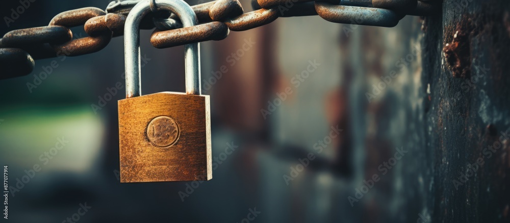Poster close-up of an aged gray padlock on a chain with a vintage aesthetic, ideal for copy space image.