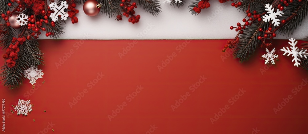 Poster a christmas greeting card surrounded by fir branches, snowflakes, and decorations on a red backgroun