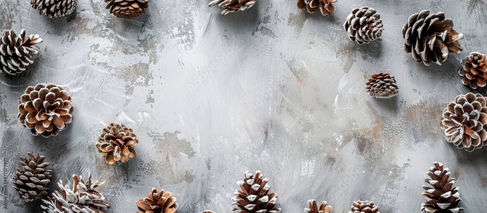 Poster pine cone frame on concrete backdrop suggesting winter or christmas theme with top view and copy spa