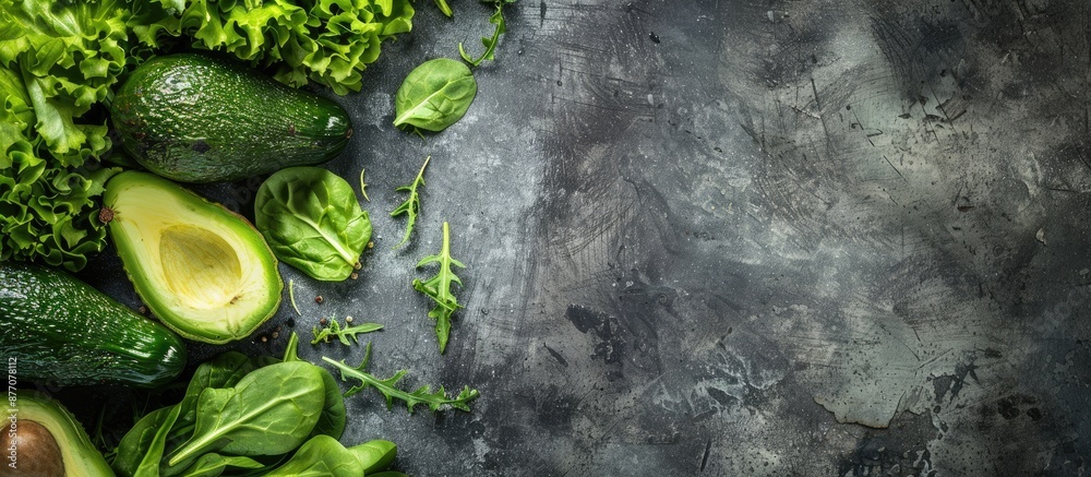 Poster an assortment of fresh green vegetables like avocado, lettuce, spinach, and arugula arranged on a ta