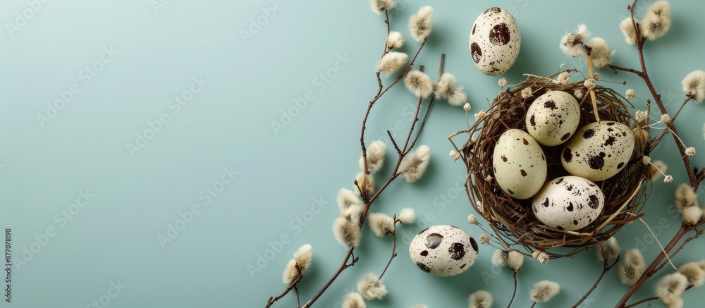 Poster flatlay with easter decorative eggs and branches on a soft blue pastel backdrop featuring a craft qu