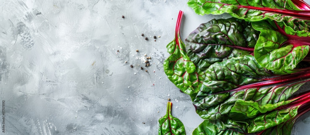 Poster Top view of healthy and highly nutritious raw chard leaves on a light background with copy space image.