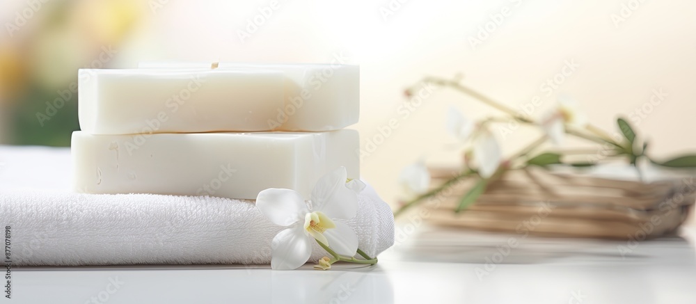 Poster Ceramic soap and towel on a blurred white spa background with ample copy space image.