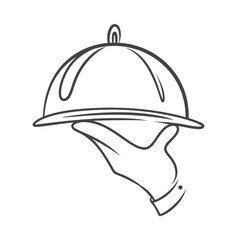 Waiter hand with cloche tray icon, restaurant retro logo design. Funny doodle order of gourmet dish on plate, food serving emblem. Hand drawn tray of chef with dome cap icon vector illustration