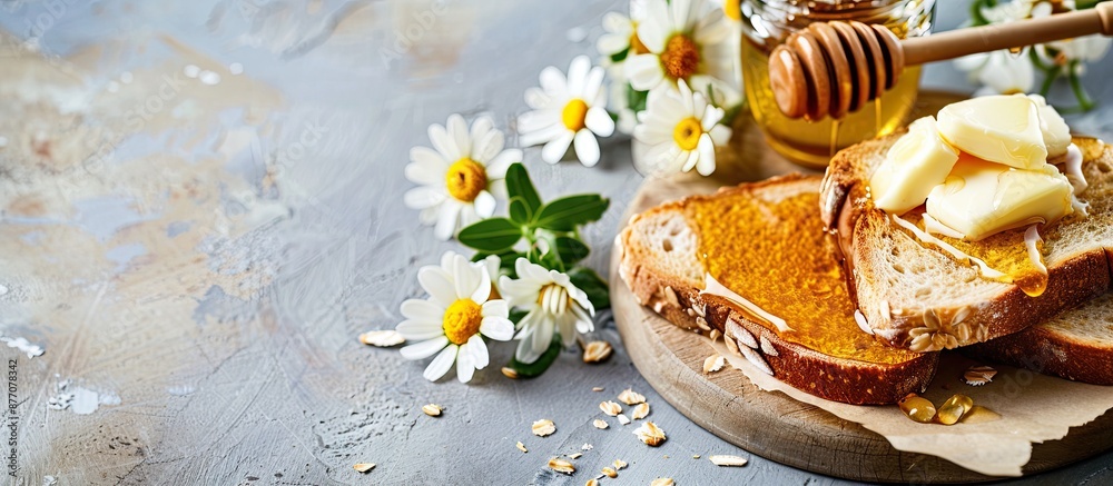 Poster delicious honey and butter on toast on a light background with copy space image.