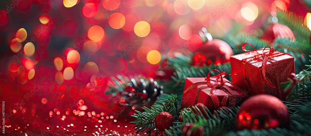 Poster vibrant bokeh with a festive red christmas backdrop featuring gifts and a green fir branch, perfect 
