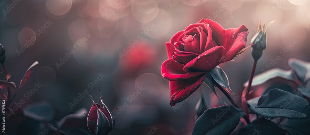 Poster Blurry image of a red rose with ample copy space for text or design in the background for creating ads, scenes, or textures.