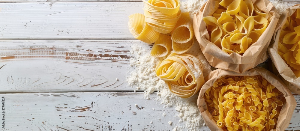Poster top view of various uncooked pasta types and flour in a paper bag on a white wooden table with copy 