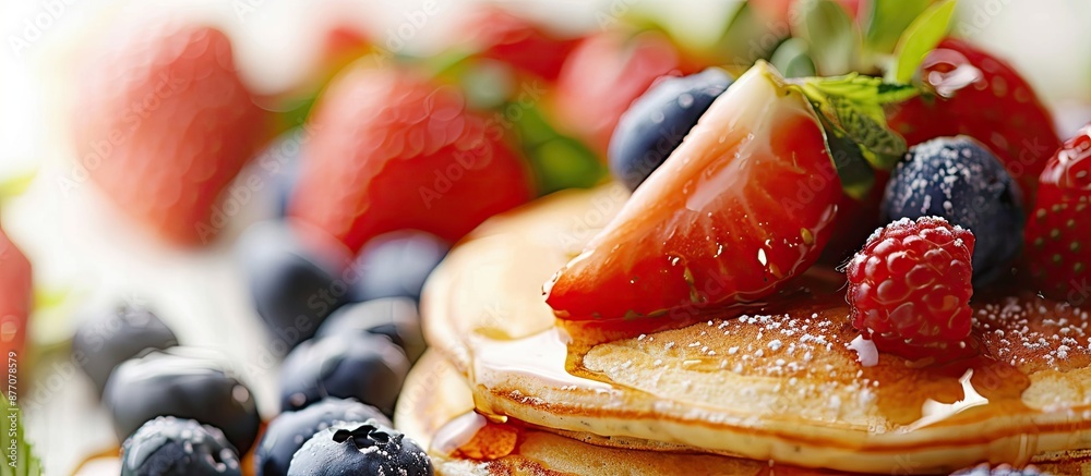 Poster close-up of scrumptious pancakes topped with strawberries, blueberries, and fresh mint on a bright t