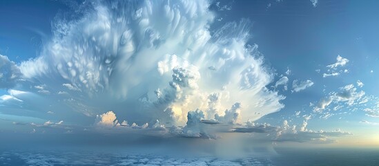 A drone captures an approaching atmospheric front with thunderstorms, rain, hail, and squally wind against a blue sky with white clouds, creating a dramatic copy space image.