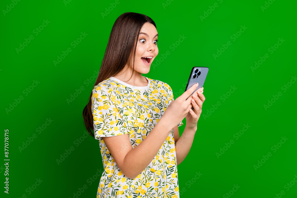 Sticker photo portrait of attractive teen woman hold excited device dressed stylish flowers print clothes is