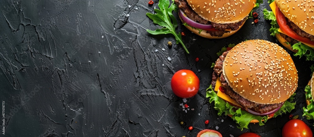 Aufkleber classic american hamburger featuring meat, cheese, and assorted veggies on a dark rustic backdrop wi