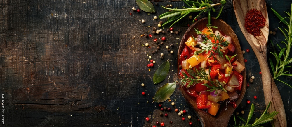 Poster neatly arranged marinated veggies and spices on a dark wooden backdrop with a laurel leaf, wooden sp