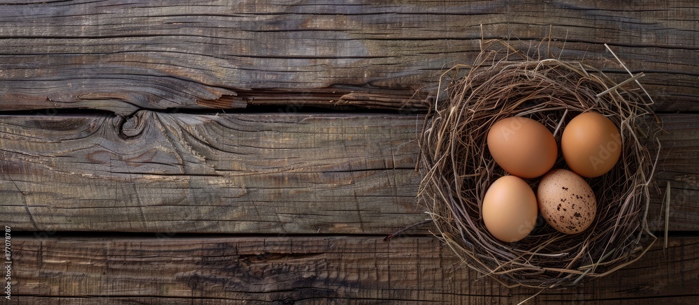 Aufkleber Fresh eggs displayed on a nest over a rustic wooden surface in a top-down view with visible empty space for text or additional elements within the composition.