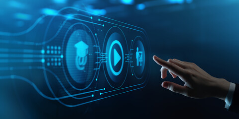 E-learning, webinar and training concept. Human Hand Touching Futuristic Virtual Screen with...