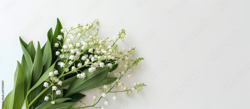 Poster A mockup of a greeting card with a bouquet of lilies of the valley on a white background for an invitation card with copy space image.