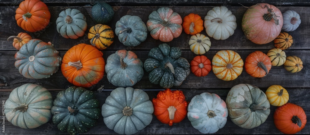 Poster a variety of pumpkins displayed on a rustic wooden surface for halloween and autumn harvest, capture