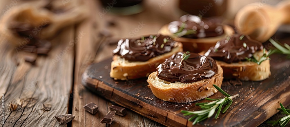 Poster ciabatta slices topped with chocolate spread on an olive wood board with a blurred background for a 