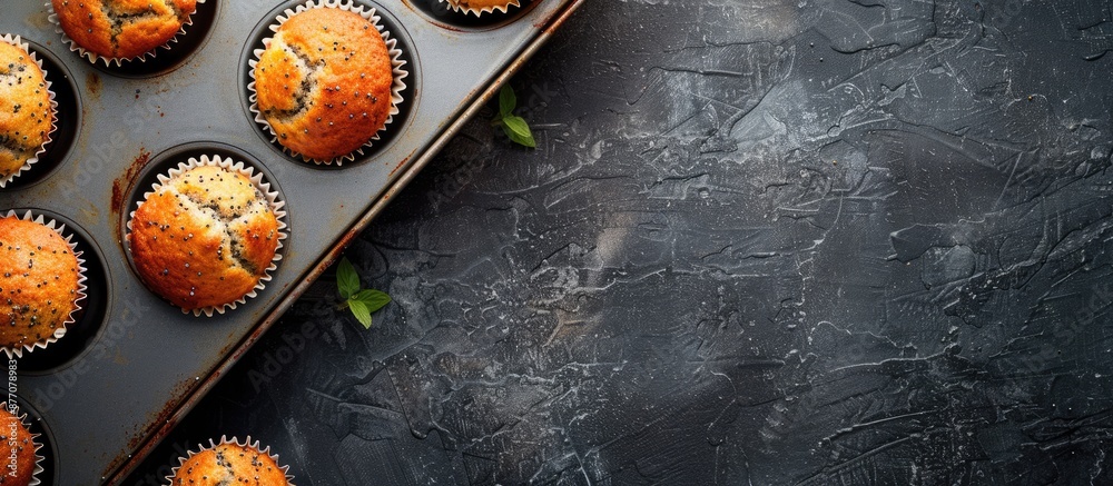 Poster dark background with tasty poppy seed muffins in a baking tin, perfect for a copy space image.