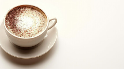 Obraz premium A white coffee cup with a brown swirl on top sits on a white plate. Concept of warmth and comfort