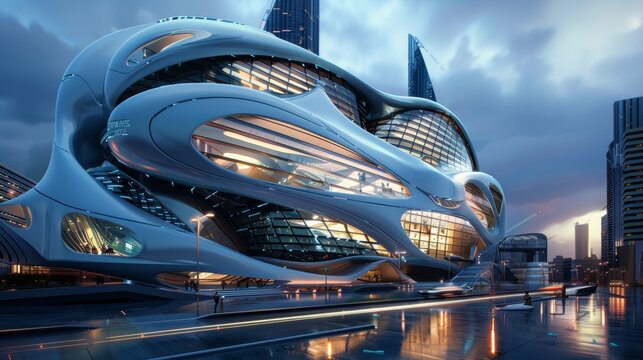 Futuristic city architecture  dynamic curves, unique materials, city lights reflections at dusk