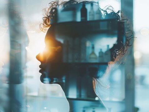 Silhouette of a woman with a double exposure of a window and shelves.