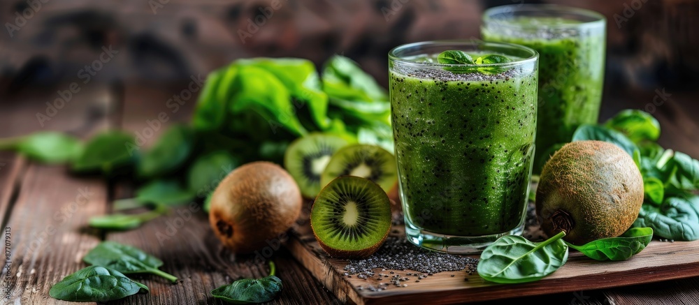 Aufkleber Smoothie made of spinach and kiwi displayed on a wooden backdrop with copy space image.