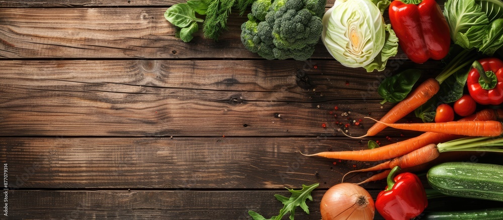 Poster an overhead view of a mix of fresh vegetables such as carrots, savoy cabbage, broccoli, onions, and 