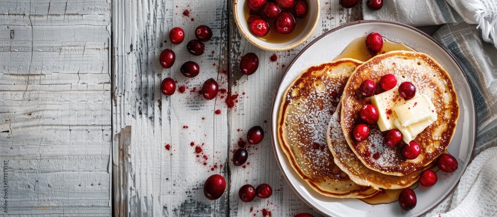 Leinwandbilder a flat lay of cereal pancakes with cranberries and butter on a white wooden table, providing room fo