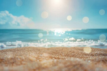 Abstract Beach. Summer Seascape Background with Blurred Bokeh Light of Calm Sea and Sky