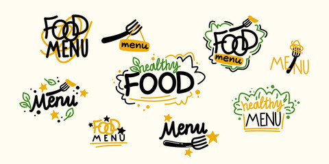 Isolated image on a background. Vector graphics. Healthy food illustration. A set of different labels for food.