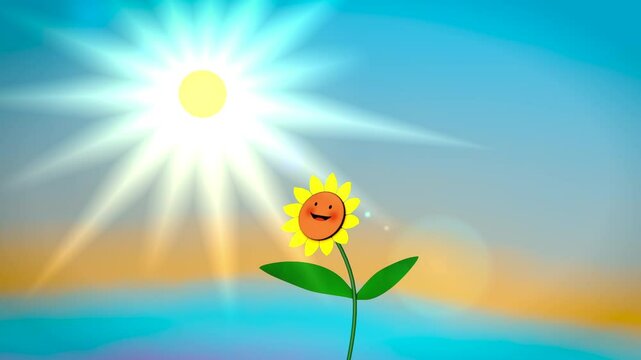 Sunrise till sunset scene with smiling cartoon sunflower
