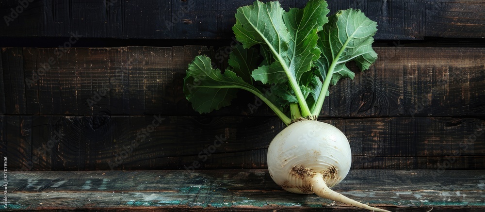Poster a turnip is illuminated by soft side lighting on a dark wooden backdrop, suitable for a copy space i