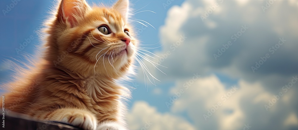 Poster adorable red kitten gazing at the sky in an endearing manner, offering a charming element to any cop