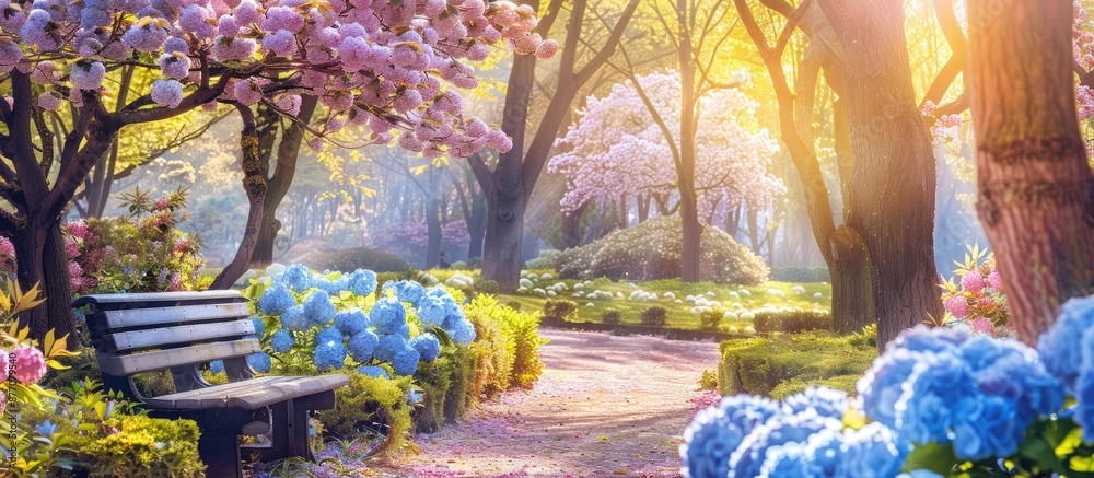 Poster a picturesque scene featuring blooming hydrangeas and cherry blossom trees with a serene ambiance pe