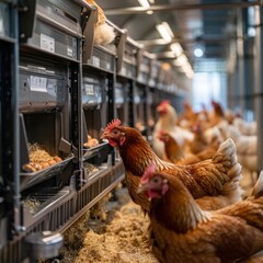 Modern and Humane Farming Practices: Chickens Feeding in Clean Coop with Automatic Feeder and Natural Light