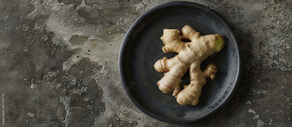 Poster a sprouted ginger root placed on a black plate with copy space image.