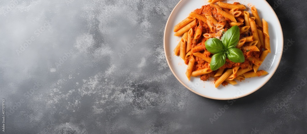 Aufkleber top view of penne pasta in red sauce on a white plate against a light grey slate or concrete backgro
