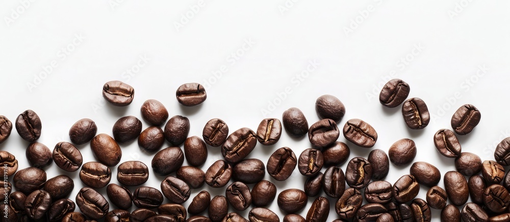 Poster a photograph of coffee beans with a plain white background, ideal for use as a copy space image.