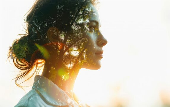 Beauty and holistic medicine close up, focus on, copy space, complete care, Double exposure silhouette with unity
