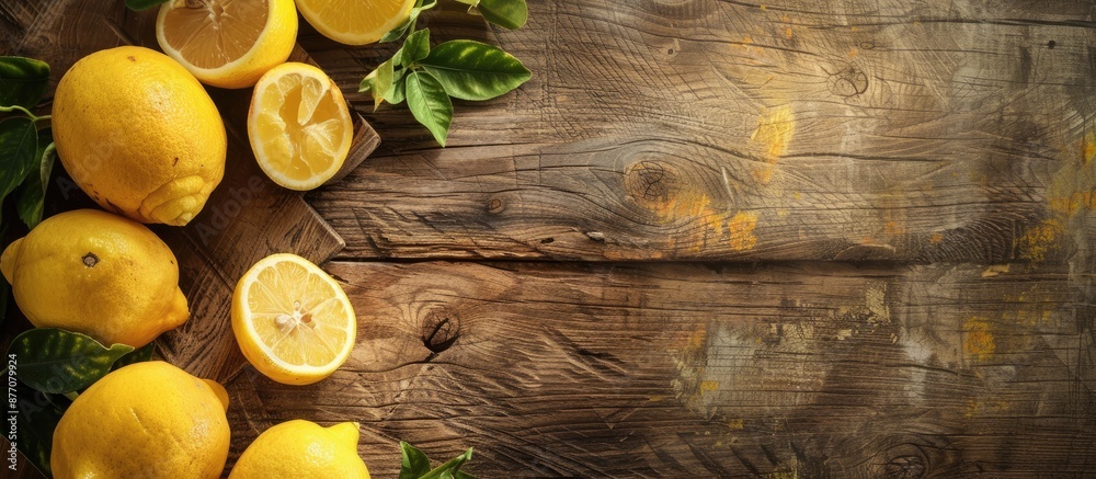 Aufkleber Lemons displayed on a rustic wooden board with copy space image.
