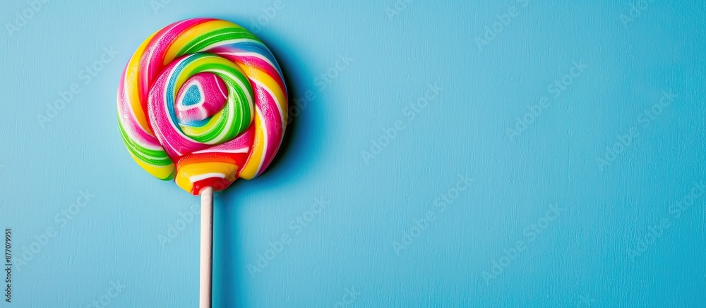 Poster colorful lollipop on stick against bright background with copy space image.