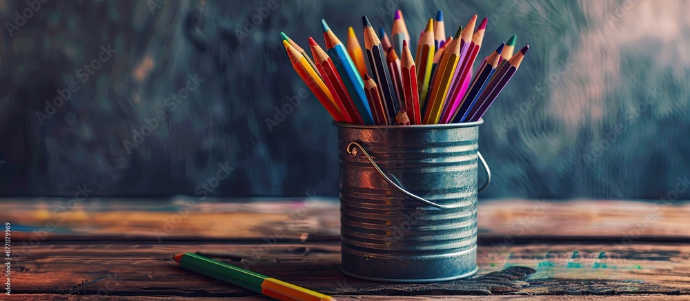 Poster Colorful pencils arranged in a tin can on a table with space for a copy space image.