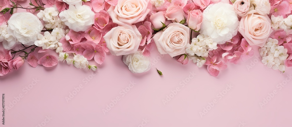 Poster View from above of a lovely pink background adorned with delicate white and pink roses, with a spacious area for adding text or images.