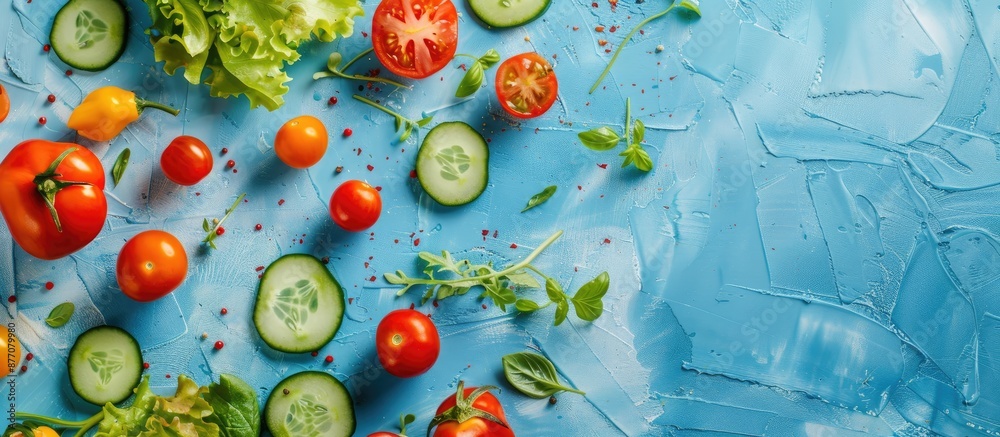 Poster display assorted fresh vegetables like cucumber, tomatoes, and peppers on a blue surface for a healt
